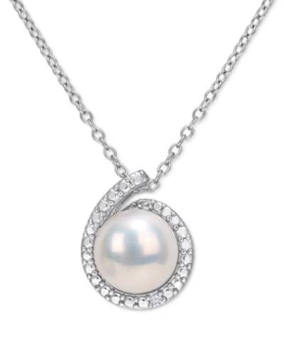 Macy's Cultured Freshwater Pearl (8mm) & Diamond Accent Halo 18" Pendant Necklace In Sterling Silver