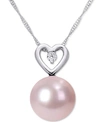 Macy's Pink Cultured Freshwater Pearl (9-1/2mm) & Diamond (1/20 Ct. T.w.) Heart 17" Pendant Necklace In 10k In Pink