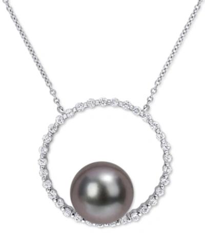 Macy's Black Cultured Tahitian Pearl (9-1/2mm) Circle 17" Pendant Necklace In 10k White Gold