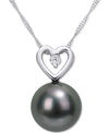 Macy's Black Cultured Tahitian Pearl (9-1/2mm) & Diamond (1/20 Ct. T.w.) Heart 17" Pendant Necklace In 10k In Black