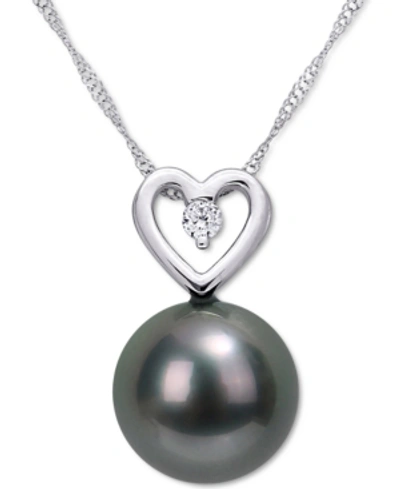 Macy's Black Cultured Tahitian Pearl (9-1/2mm) & Diamond (1/20 Ct. T.w.) Heart 17" Pendant Necklace In 10k