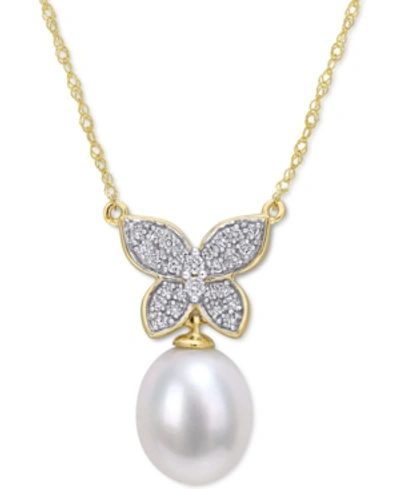 Macy's Cultured Freshwater Pearl (9mm) & Diamond (1/5 Ct. T.w.) Butterfly 17" Pendant Necklace In 10k Gold In Yellow Gold