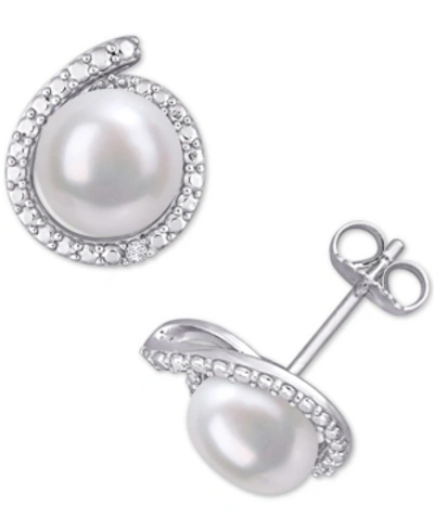 Macy's Cultured Freshwater Pearl (8mm) & Diamond Accent Stud Earrings In Sterling Silver