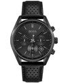 HUGO BOSS MEN'S CHRONOGRAPH CHAMPION BLACK PERFORATED LEATHER STRAP WATCH 44MM