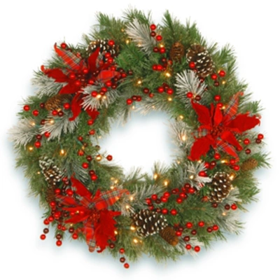 National Tree Company 30" Decorative Collection Tartan Plaid Wreath With Cones Red Berries & Poinsettias 100 Warmwhite Bat In Green