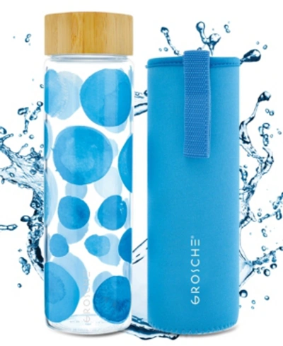 Grosche Venice Glass Water Bottle With Bamboo Lid And Protective Sleeve, 22.6 Fl oz Capacity In Blue Circles