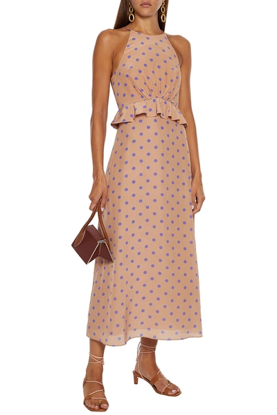 Zimmermann Gathered Silk Crepe De Chine Peplum Midi Dress In Sand | ModeSens