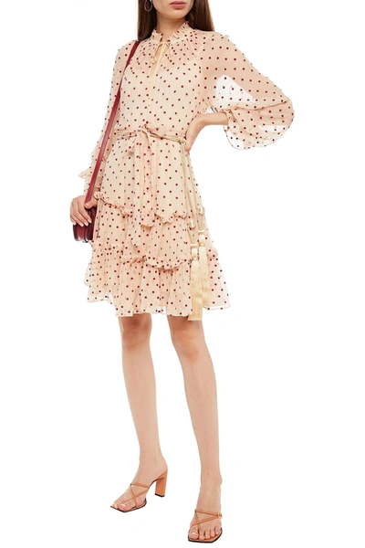 Zimmermann Belted Ruffled Polka-dot Silk-crepon Mini Dress In Cream