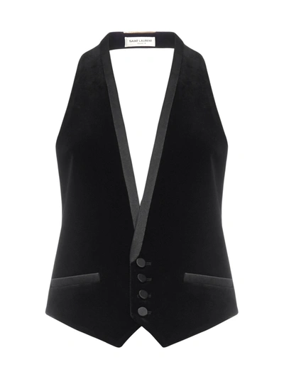 Saint Laurent Twill-trimmed Velvet Vest In Black