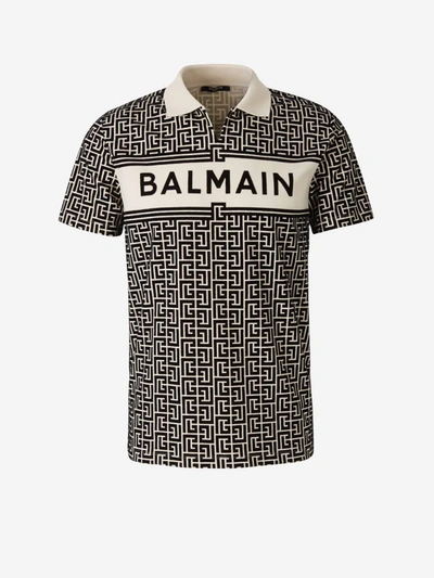 Balmain Monogram-pattern Short-sleeve Polo Shirt In Black