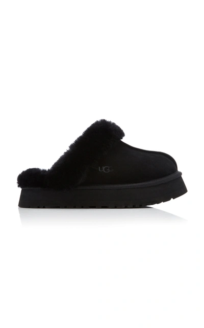 Ugg Disquette Black Suede Flatform Slippers In Nero