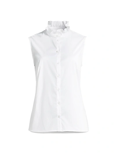 Misook Ruffle Neck Stretch Cotton Blouse In White