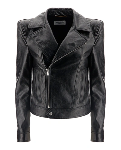 Saint Laurent Long Sleeve Leather Biker Jacket In Black