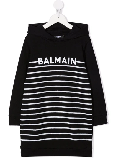 Balmain Kids' Striped Logo-embroidered Hoodie Dress In Black