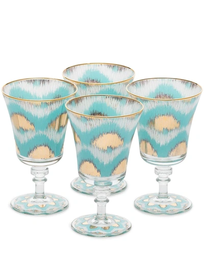 Les Ottomans Ikat Wine Glasses (set Of Four) In Blue