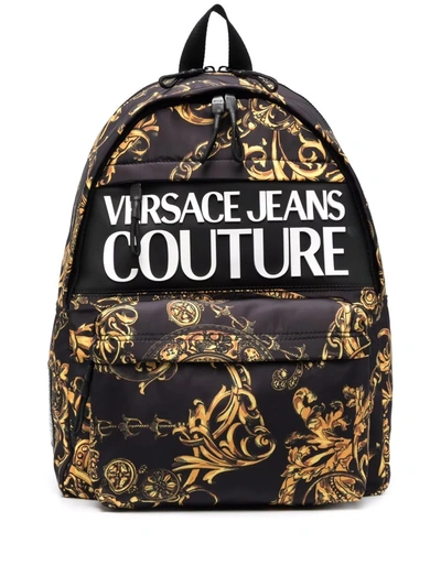 Versace Jeans Couture Macro Logo Baroque Nylon Backpack In Nero/oro