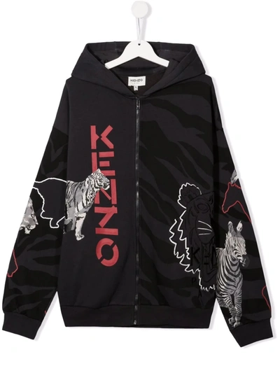 Kenzo Animal-print Hooded Jacket In Black
