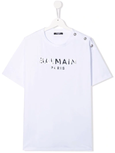 Balmain Teen Logo-print Metallic T-shirt In 白色