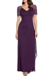 Xscape Beaded Sleeve Ruched Column Gown In Plum/ Plum