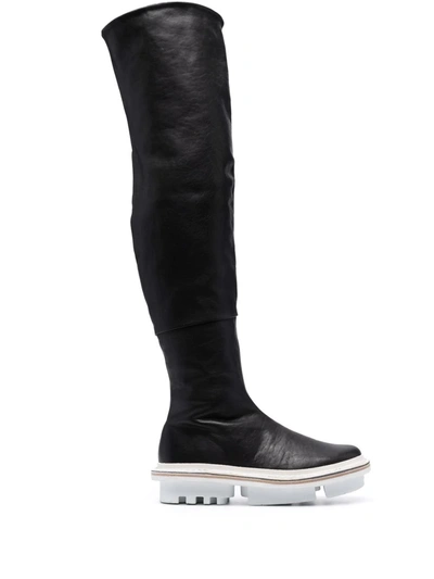 Trippen Thigh-high Flat Leather Boots In Schwarz