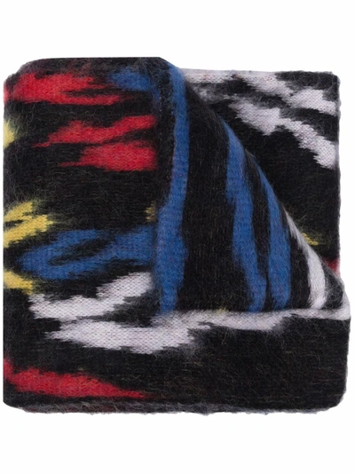 Saint Laurent Wool And Mohair Blend Scarf With All-over Multicolor Leopard Motif In Black