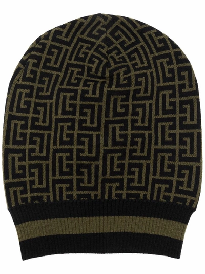 Balmain Green And Black Merino Wool Beanie In Schwarz