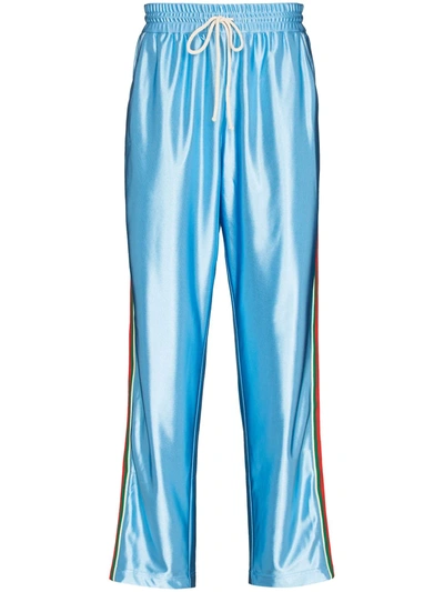 Gucci Shiny Jersey Jogging Trousers With Web In Light Blue