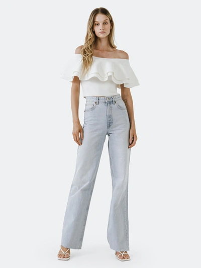 Endless Rose One-shoulder Ruffle Rib Knit Top In White