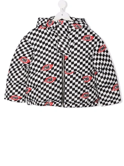 Off-white Little Kid's & Kid's Chessboard Leave-pattern Puffer Jacket In Nero/bianco