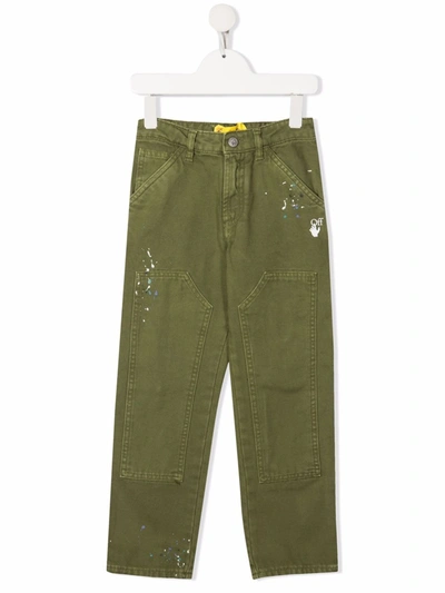 Off-white Kids' Paint-splatter Straight Trousers In Green