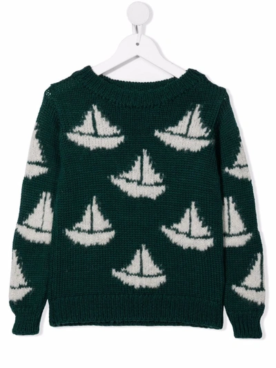The Animals Observatory Kids' Boat Print Wool Jumper In Green