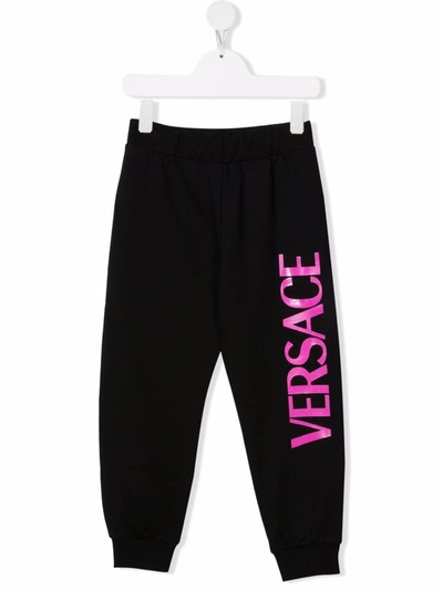 Versace Kids' Logo-print Cotton Sweatpants In Black Fuxia
