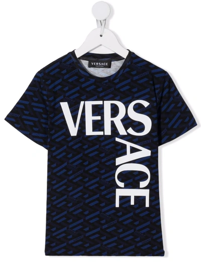Versace Blue And Black T-shirt With Print And Logo Verscae Kids In Blu/nero