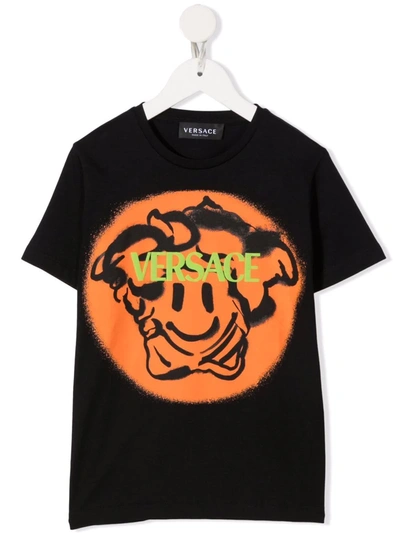 Versace Teen Medusa Smile Cotton T-shirt In Black