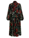 Dolce & Gabbana Black Rose Print Flared Silk Dress In Multicolor