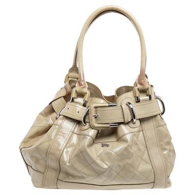 Pre-owned Burberry Cream Quilted Patent Leather Beaton Tote