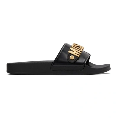 Moschino Black & Gold Logo Lettering Pool Slides