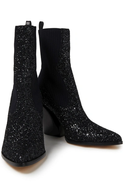 Jimmy Choo Mele 85 Leather-trimmed Glittered Stretch-knit Ankle Boots In Black