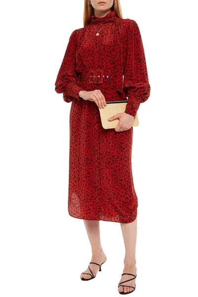 Zimmermann Belted Tie-neck Leopard-print Silk Crepe De Chine Midi Dress In Red