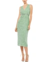 Mac Duggal Sequined Sleeveless V-neck Midi Sheath Dress In Sage