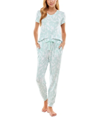 Roudelain V-neck T-shirt & Jogger Pants Pajama Set In Pom Pom Tie Dye Icy Morn