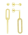 ESSENTIALS HIGH POLISHED BALL STUD AND POST PAPER CLIP CLEAR CRYSTAL DROP EARRING SET, GOLD PLATE