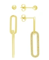 Essentials High Polished Ball Stud And Post Paper Clip Clear Crystal Drop Earring Set, Gold Plate In Gold-tone