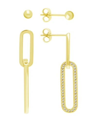 Essentials High Polished Ball Stud And Post Paper Clip Clear Crystal Drop Earring Set, Gold Plate In Gold-tone