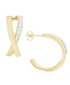 ESSENTIALS HIGH POLISHED CLEAR CRYSTAL CROSS OVER C HOOP EARRING, GOLD PLATE AND SILVER PLATE