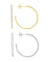 ESSENTIALS HIGH POLISHED CLEAR CRYSTAL DUO C HOOP EARRING PAIR, GOLD PLATE AND SILVER PLATE