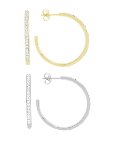 Essentials High Polished Clear Crystal Duo C Hoop Earring Pair, Gold Plate And Silver Plate In Silver-tone And Gold-tone