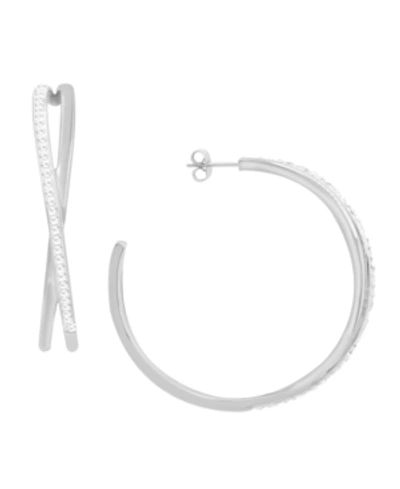 Essentials Criss Cross Clear Crystal C Hoop Earring, Gold Plate And Silver Plate In Silver-tone
