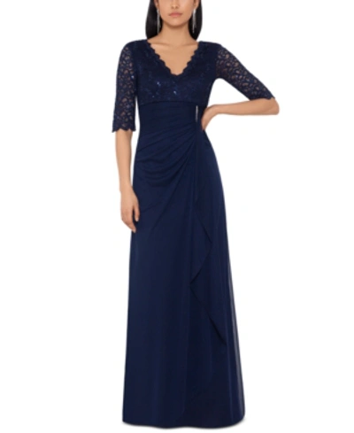 Betsy & Adam Women's Lace-top Waterfall-detail Gown In Navy