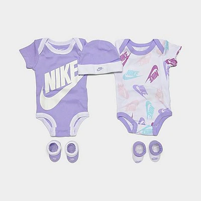 Nike Babies'  Infant Futura Allover Print 5-piece Bodysuit, Beanie Hat And Socks Set In Purple Pulse